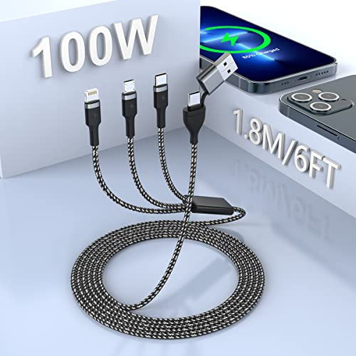 PD 100W USB C to Multi Charging Cable - 6FT Universal 5 in 2 Fast Charging Cord - 5A Nylon Braided USB PD Cable, USB C to Lightning/Type C/Micro USB Sync Charger Adapter for iPhone/Samsung