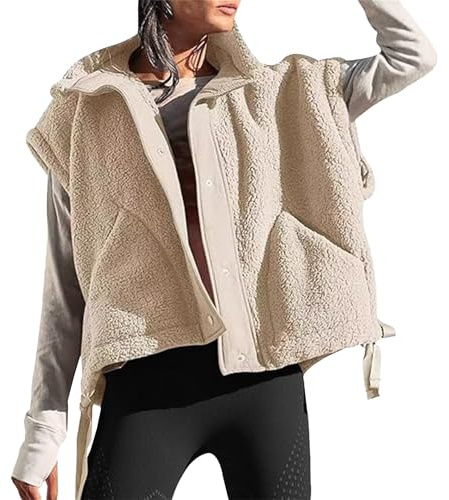 Damfleecejacka Fuzzy Vest Oversized ärmlös jacka Varm Gilet Ytterkläder med fickor