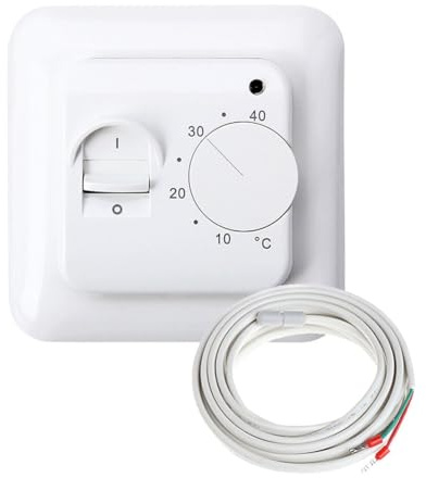 FUBESK 1 x elektrisches Fußbodenheizungs-Thermostat-Kontrollschalter, Bodensensor-Kabel, weiß, 16 A, mit 2 Schrauben 86 x 86 mm