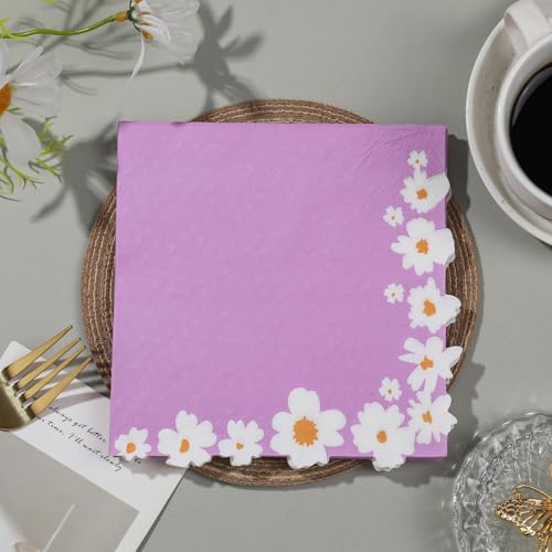 Serviettes en Papier Fleurs Violettes Serviettes de cocktail Décorations de fête,Absorbantes et pratiques - jetables pour mariage,anniversaire,apéritif,Noël,dessert5 Paquet(33x33cm)