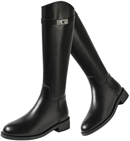 SUNBGRPYE Stivali da Equitazione da Donna, Punta Tonda Stivali da Equitazione Alti, Antiscivolo/Impermeabili, Tacco Medio da 3,5 cm + Cerniera Posteriore, per Primavera, Autunno 37