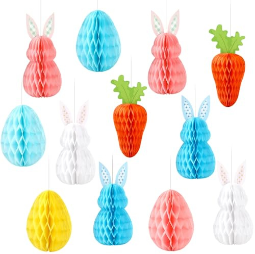 BOARDFEB 12 Stück Osterdeko zum Aufhängen für Frühling Ostern Party | 12-teiliges Ostern Deko Set aus Papier: Hasen, Karotten und Eier als Wabenball,leicht zu montieren, für indoor und outdoor