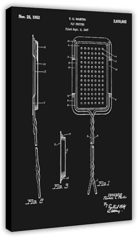 GDFKHO Fly Swatter 1952 Vintage Patent Black Canvas Poster - Wall Decorative Art Prints - Training Room | Patent Design Drawings | Gift for Friends | Frame 20x30inch