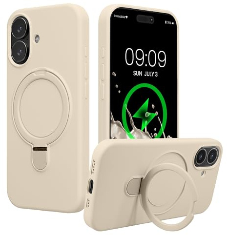 kwmobile Fodral med ringhållare kompatibel med Apple iPhone 16 – MagSafe-kompatibelt – silikonfodral med mikrofiberfoder och ställ – krämfärgat