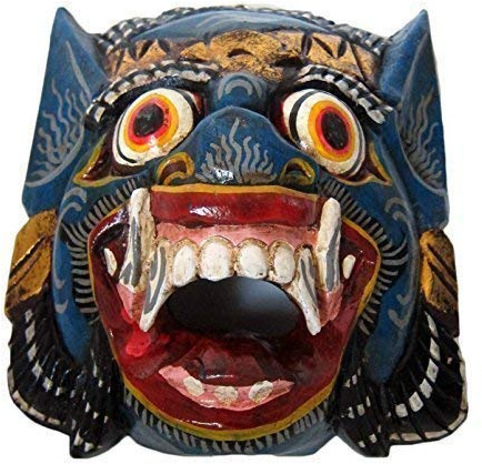 Double Duck BLUE Wooden Monkey Mask Of Barong, Hand- Carved In Bali, Wall Mask, New