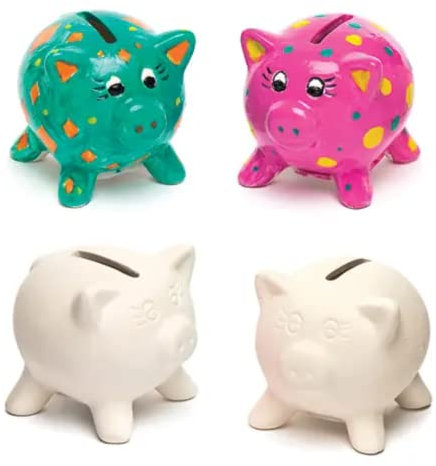 Baker Ross EK1452 Customisable Ceramic Piggy Banks for Coins — Creative Art and Craft Supplies for Kids to Make, Personalise and Decorate (Pack of 4), 7.5cm