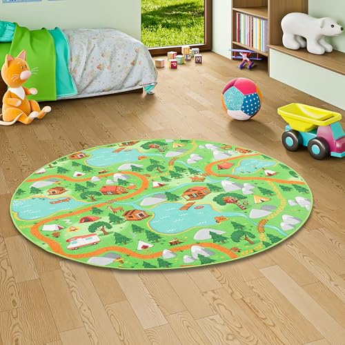 Snapstyle Kinder Spiel Teppich Campingplatz Grün Rund in 7 Größen
