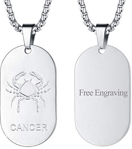 FaithHeart Collier Personnalisé Prénom,Pendentif Zodiaque Cancer Acier Inoxydable avec Chaîne 60cm,Bijoux Signe Astrologique Plaque Militaire Personnalisable Cadeau Homme Garçon Femme