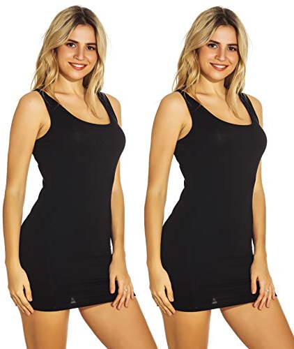 Mcilia Women's Fine-Ribbed Stretch Soft Vest Long Tank Top 2-Pack Black Medium (UK Size 10 12)