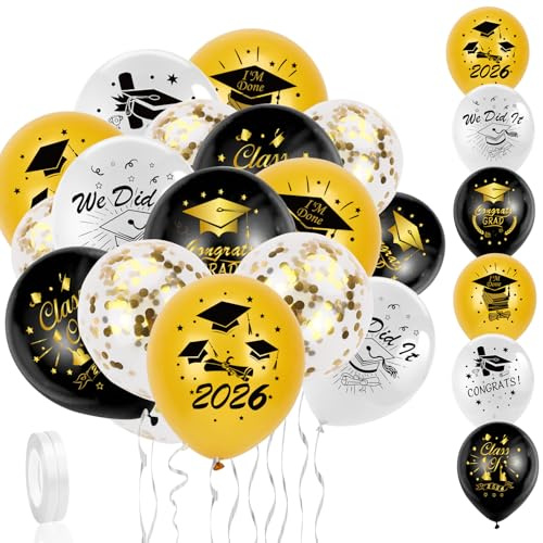HOWAF Abschlussfeier Luftballons, 30 Stück Prüfung Bestanden Deko Abschluss Ballon Set für Abi 2026 Deko Abitur Bachelor Deko Abschluss deko Graduation deko Silber Schwarz Gold