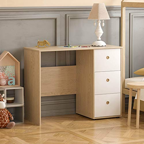 Junior Vida Neptune - Escritorio de 3 cajones para computadora, computadora portátil, estación de Trabajo, Estudio en casa, Muebles para niños (Blanco y Roble)