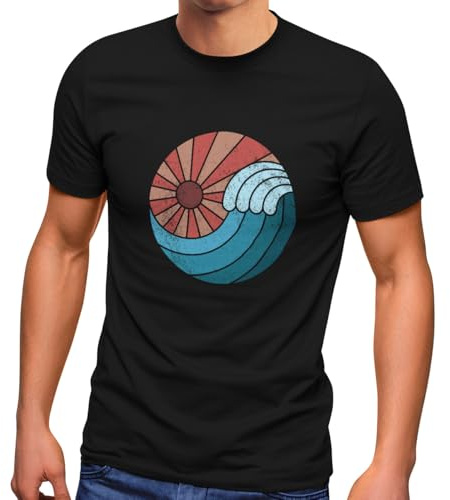 Neverless® Herren T-Shirt Welle Wave Sonne Sommer Retro Vintage Printshirt Fashion Streetstyle Schwarz XL