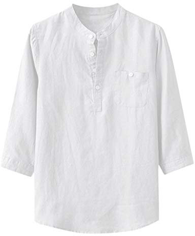 Chemises Homme Baggy Coton Lin Solide Manches Trois Quarts Poche Col Montant (3XL,Blanc)