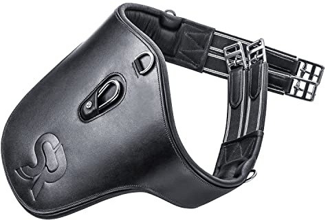 SUNRIDE Cincha de Cuero auténtico para Caballos (Hickstead), con Anilla en D (3X) y mosquetón para riendas auxiliares (135 cm, Negro)