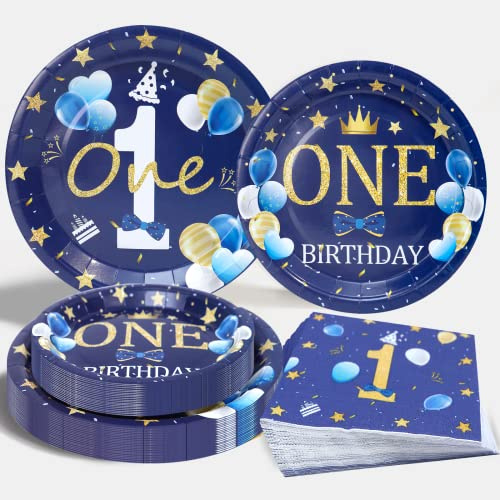 Erster Geburtstag Partygeschirr 'ONE' - Blau Gold Teller Set für 24 Gäste, Pappteller für Jungen und Mädchen