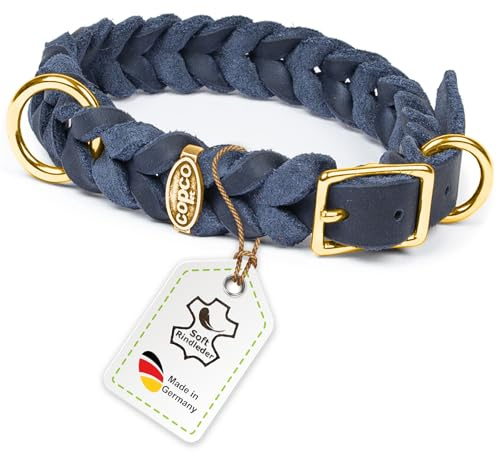 CopcoPet Hundehalsband aus Fettleder 25–29 cm x 15mm Marineblau – Geflochtenes Lederhalsband – Messing mit Dornschließe – Robust & verstellbar – Für kleine Hunde, ideal für Alltag & Training