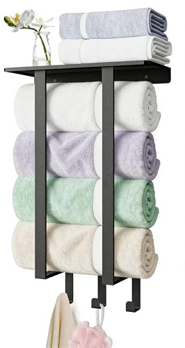 BETHOM Porte Serviette Salle de Bain Noir, 50 cm Porte Serviette Murale Rangement Serviette avec Étagère et 3 Crochet Acier Inoxydable Support Serviette Salle de Bain pour Les Serviettes 3 Enroulées