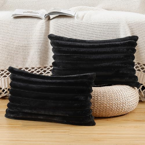 Madizz 2er Set Kunstpelz Plüsch Dekorative Kissenbezüge Flauschig Gestreifte Weich Dekorative Kissenbezug für Sofa Schlafzimmer Kissen Shell Schwarz 40 x 80 cm