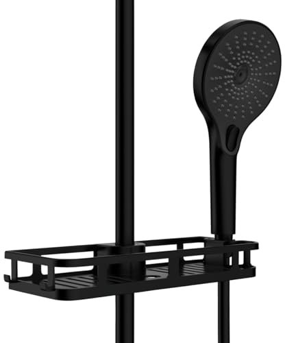 WENKO Duschablage Mod. Libertà Schwarz, Duschregal mit Haken und Duschkopfhalter aus Kunststoff, Anbringung ohne Bohren an bestehender Duschstange, 28,5 x 4 x 11,5 cm, Matt