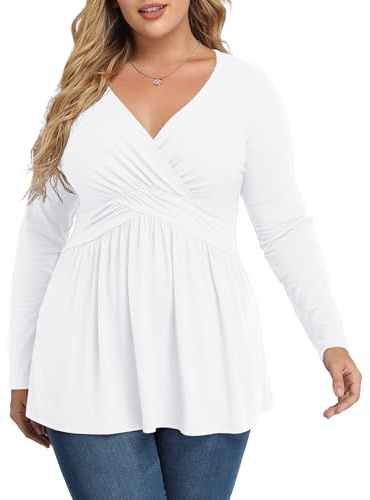 TIANZHU Top taglie forti da donna avvolgente baby doll camicia morbida tunica top elegante camicetta con scollo a V, XL-4XL, A02-bianco, 3XL