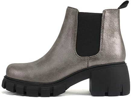 Soda PIONEER ~ Women Lug Sole Mid Heel Chelsea Fashion Ankle Bootie w/Double Elastic Gore (Pewter Metallic, 8.5)