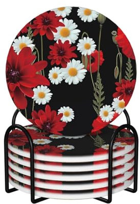 Keramikuntersetzer mit roten Blumen und weißen Gänseblümchen, für Getränke, 6 Stück, saugfähig, rutschfest, Getränkeuntersetzer-Set mit Halter, Tassenmatten, Auto-Untersetzer mit Korkboden für