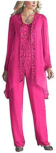 Vestido de gasa de 3 piezas para mujer, traje de madre de la novia, pantalones con chaqueta de cuentas, traje de boda, vestido de noche, fucsia, 54