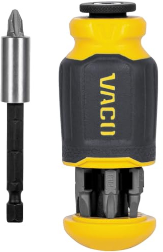 VACO VAC1080 Multi-Bit Stubby Screwdriver, Impact Driver, 8-in-1 Adjustable Magnetic Tool with Phillips, Slotted, and Square Bits