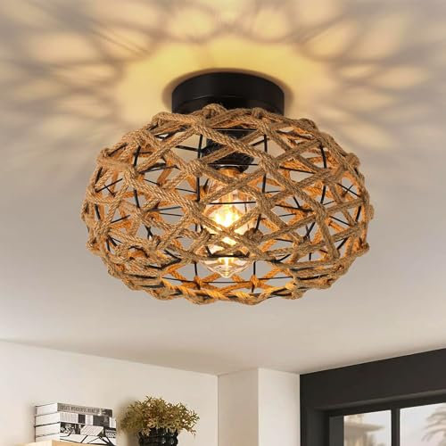 KZT Retro Deckenleuchte E27 Vintage Boho Rattan Lampe Hanfseil Kronleuchter Industrielle Deckenlampe Eisen Deckenbeleuchtung für Küche Flur Schlafzimmer Esszimmer Café Bar Restaurant