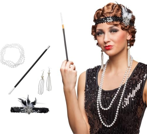 20er Jahre Charleston Kostümset Flapper 5-tlg. - 414045 | Schwarz Weiß