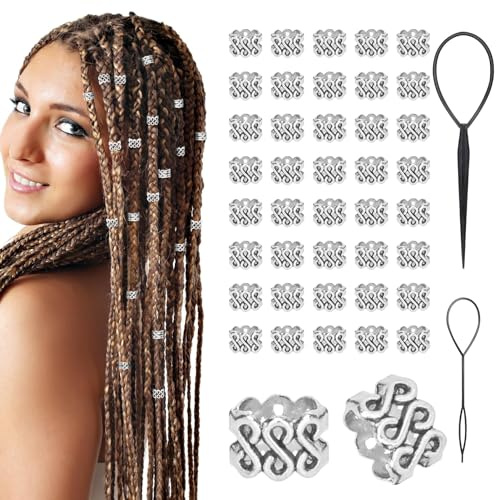 Kiiwah 40 st flätade hårsmycken och 2 stycken håraccessoarer, afrikansk afroflätad hårpärla, Dreadlock-hårringstillbehör för kvinnor, män (silver)