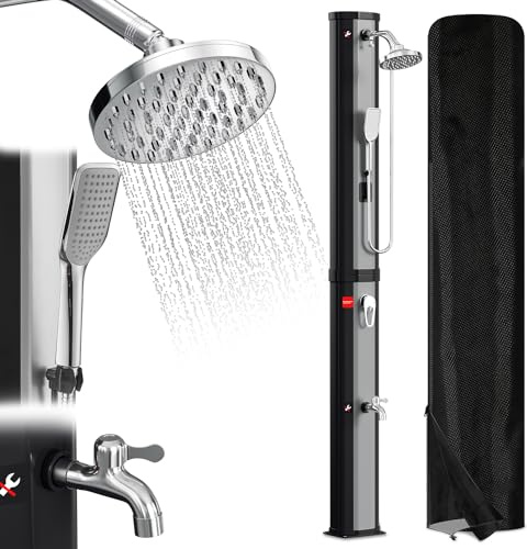 Herrselsam Doccia Solare 60 Litri con Cofano Protettivo, Doccia Solare da Giardino, Piscina, Doccia a Pioggia, per Esterni, Piscina, Giardino, Acqua Calda, Colore Argento e Nero