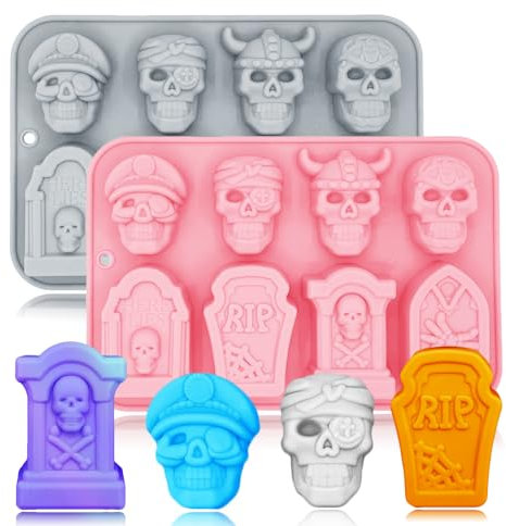 Halloween-Schokoladenformen, 3D-Totenkopf und Grabstein, Halloween-Thema, Backform für Schokolade, Kuchen, Dessert, Süßigkeiten, Mousse, Gebäck, Kekse, Cupcake-Topper, Halloween-Party, 2 Stück