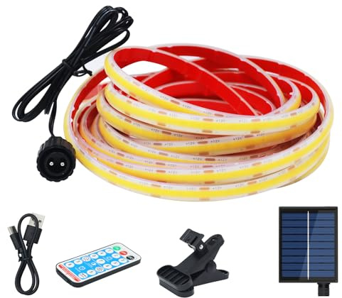 Wisada 12V Solar COB LED Band 5m, 8 Modi Lichtband Außen IP68 Lichterkette Selbstklebend, 320LEDs/m Superheller Kaltweiß COB LED Strip Cuttable LED Streifen Mit Fernbedienung für Terrasse, Innenhof