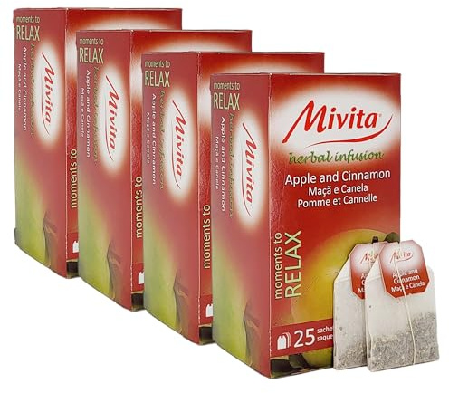 Mivita Apple and Cinnamon Infusion, pack of 4, total of 100 tea bags (25 each unit) – Perfect for relaxation and a healthy lifestyle, naturally calorie-free (0 kcal)