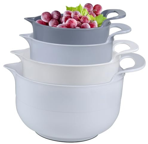 Cheeren Lot de 4 bols mélangeurs gigognes en plastique avec becs verseurs et poignées – Fond antidérapant et marquages de mesure (gris clair)