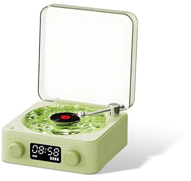 Enceinte Bluetooth Vintage, Haut-Parleur sans Fil Style Tourne-Disque avec Veilleuse Ondulation d'eau, Affichage Heure et 4 Sons Nature, Mini Enceinte Cadeau