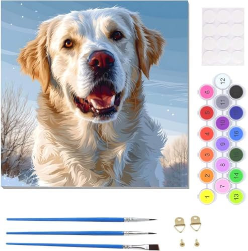 Tier Hund Malen Nach Zahlen Erwachsene, Handgemalt Ölgemälde Leinwand Kits, Bastelset AnfäNger Knitterfreie Leinwand, Pinsels Und Acrylfarbe, Diy Handgemalt öLgemäLde Kit Als Geschenk 60x60cm U-2265