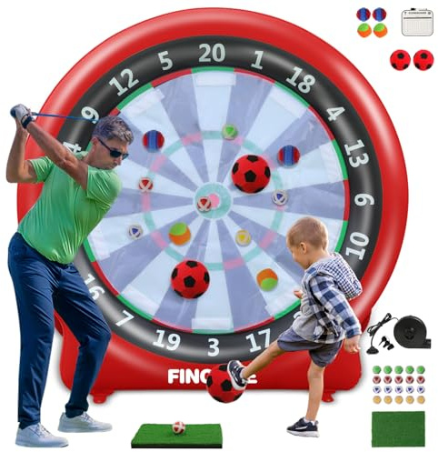 Inflatable 6ft Giant Dartboard, Golf Darts Kick Darts, Soccer & Throw Dart Game with Pump, 2 Kickball, 4 Throw Balls, 20 Golf Balls, Chipping Mat, Giant Dart Board Target Yard Games, Red