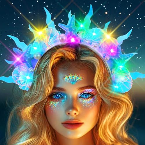 Handcess Leuchtendes Seestern Stirnband Blaue Muschel LED Haarband Meerjungfrauen Kostüm Haarreif Party Rave Haarschmuck für Frauen
