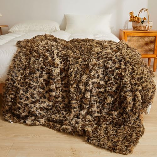 XeGe Luxus Kunstfell Leopardenmuster Decke 150x200cm, Weiche Gepardenmuster Flauschige Wohndecke, Plüsch Deko Kuscheldecke für Sofa Couch Bett Schlafzimmer Wohnzimmer, Braun Gepardenmuster