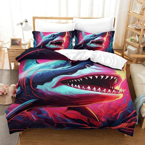 Lorolivier Shark Set Di Biancheria Da Letto Stampato in 3D Con Federa, Fodera Per Piumino Da Con Chiusura A Cerniera, Microfibra Morbida Adatto A Bambini Adulti Single（140x200cm）