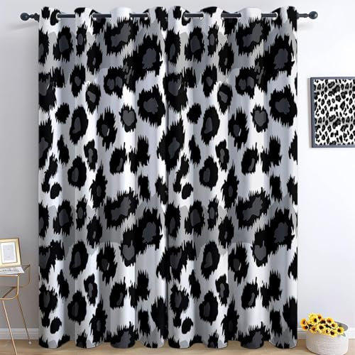 Gedruckte Blackout Vorhänge H183x B117 cm (2er Pack) Energiesparende Vorhänge Thermo- und Schallschutzvorhänge für Schlafzimmer Einfacher Tierleopardendruck Bedruckte Weiß Schwarz Vorhang