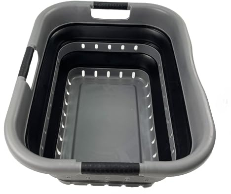 SAMMART Collapsible 3 Handled Plastic Laundry Basket - Foldable Pop Up Storage Container/Organizer - Portable Basket - Space Saving Hamper/Basket (Grey/Black, 3 handled rectangular)