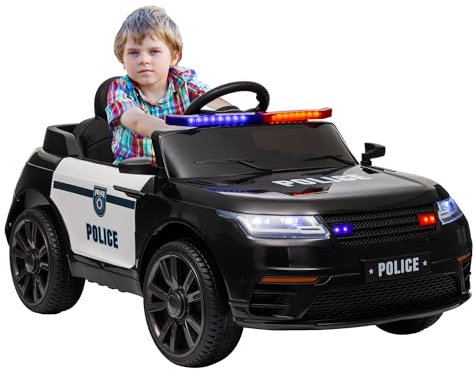 AIYAPLAY Coche Eléctrico para Niños de +3 Años Carro Eléctrico Infantil de Policía con Batería 12V 3-5km/h Mando a Distancia Faros Bocina Sirena Música y Rueda de Entrenamiento 112x66x50 cm Negro