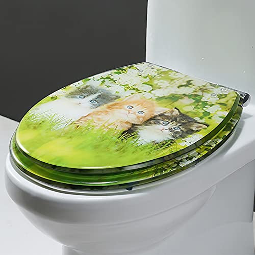 Toilettensitz, Toilettensitz, umweltfreundliches Harz mit verstellbarem Edelstahlscharnier, ovaler Toilettendeckel mit Schnellverschluss, mehrere Farben erhältlich (Katze)