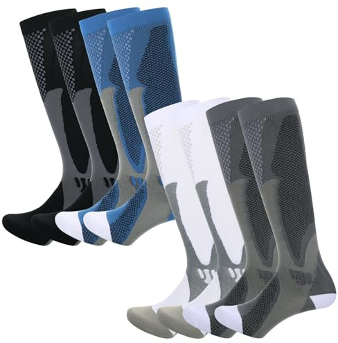 4Paare Stützstrümpfe, 15-25mmHg Sport Kompressionsstrümpfe Herren & Damen Flug, Kompressionssocken Herren & Damen, Orthopädische Strümpfe für Handball Socken EU-Größe 39-44 (schwarz, weiß, grau, blau)