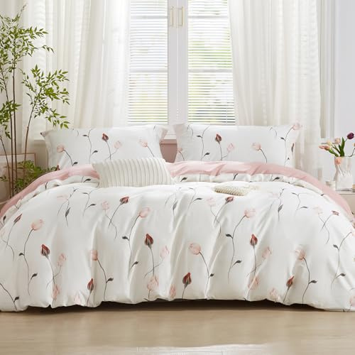 SAPHREAS Bettwäsche 200x220 Blumen Rosen Bettwäsche Sets Baumwolle Rosa Blumenmuster Bettwäsche 3teilig Kuschelige 1 Bettbezug 200x220 cm mit Reißverschluss + 2 Kissenbezüge 80x80 cm(Ohne Bettdecken)