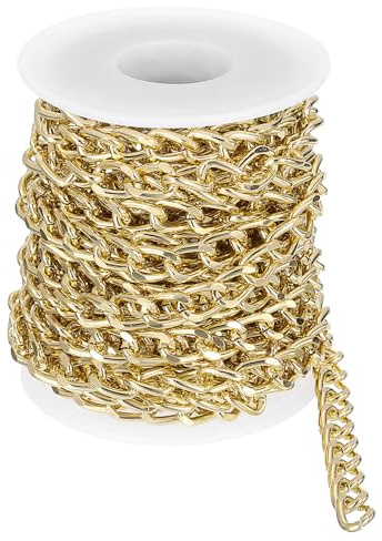 QUARKZMAN 16,4 Fuß Aluminium Gliederkette, Link Kabelkette Ovale Plattierte Kette Bulk Craft Schmuckherstellung Kettenrolle für DIY, 10x7x1,85mm, Gold