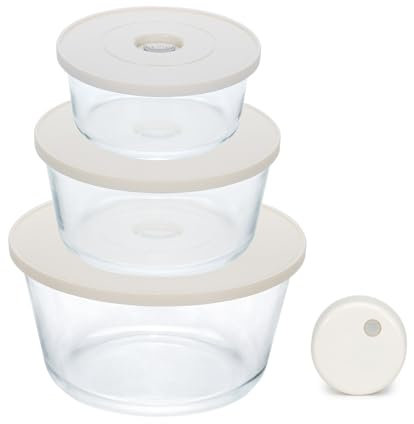Omni Glass Vacuum Containers Set – 3 Borosilicate Glass Containers with Airtight Vacuum Seal Lids and Handheld Vacuum Sealer